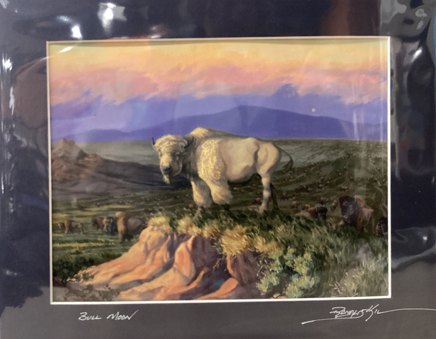 Framed artwork of a bison in a natural landscape with mountains.