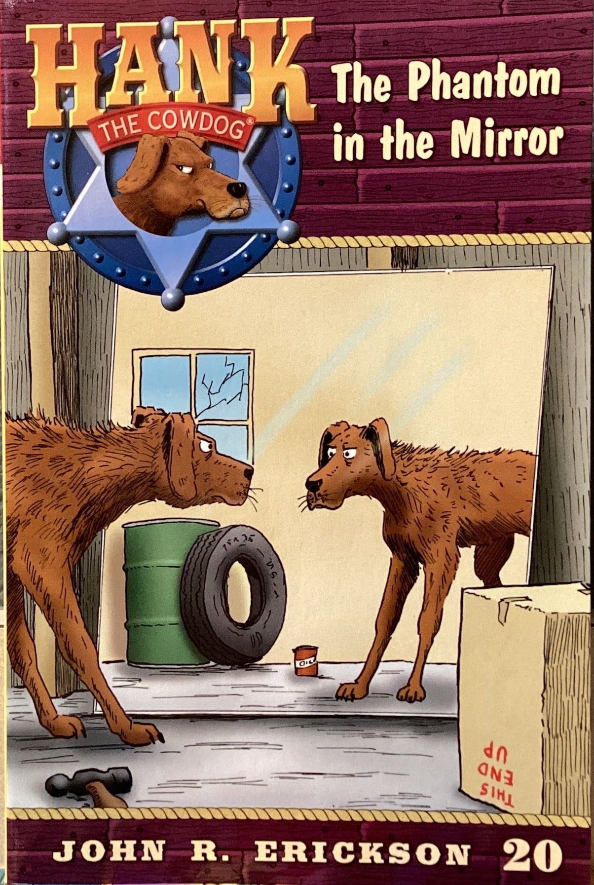 Book titled 'Hank the Phantom in the Mirror' by John R. Erickson on a shelf against a gray wall.