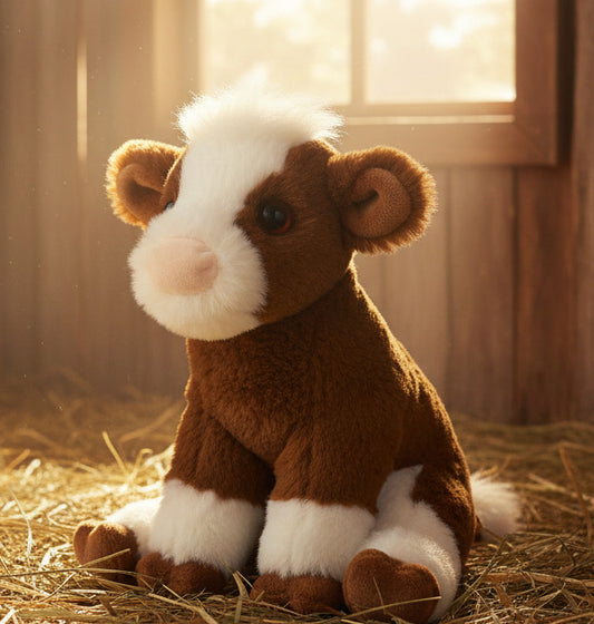 Plush cow toy with brown and white color on a white background