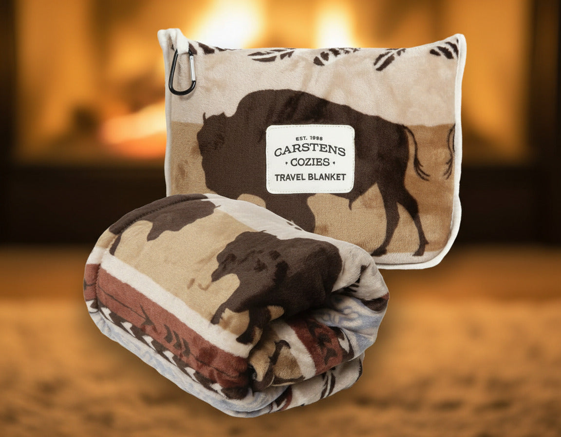 Travel blanket with carrying case featuring a bison design and Carstens Coozies branding.