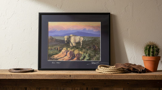 Painting of a bison in a natural landscape with mountains and sky.
