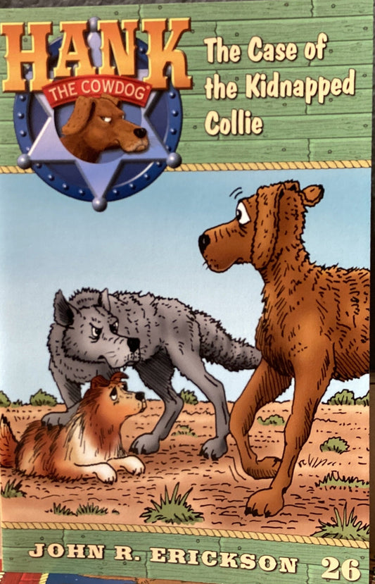 Book titled 'Hank the Cowdog: The Case of the Kidnapped Collie' by John R. Erickson on a shelf.