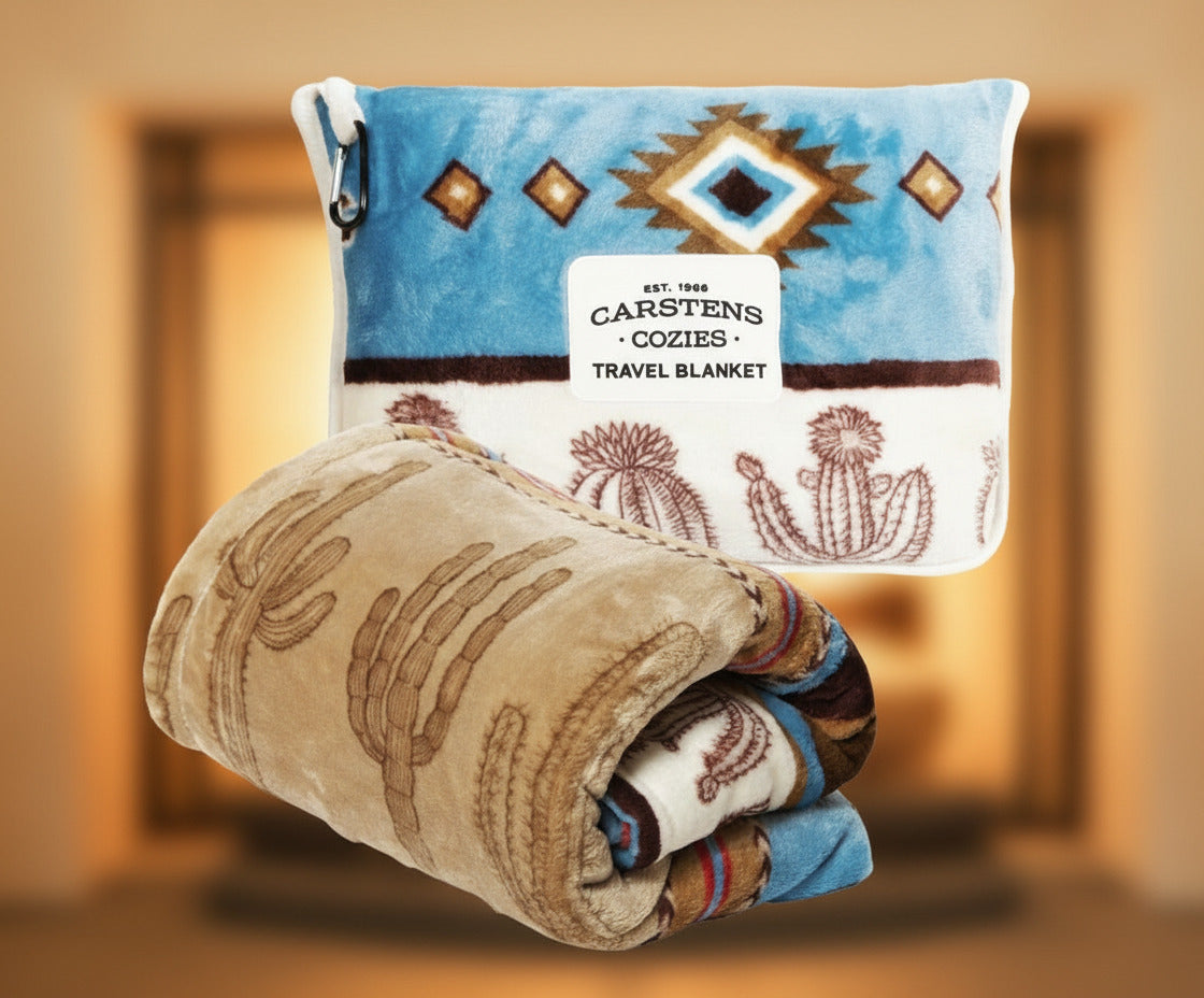 Carsten's Cozies travel blanket with Native American design packaging on a white background