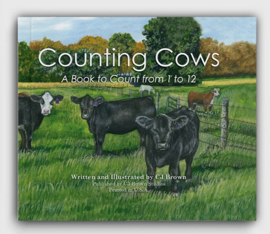 Book cover of 'Counting Cows' with illustrations of cows in a field.
