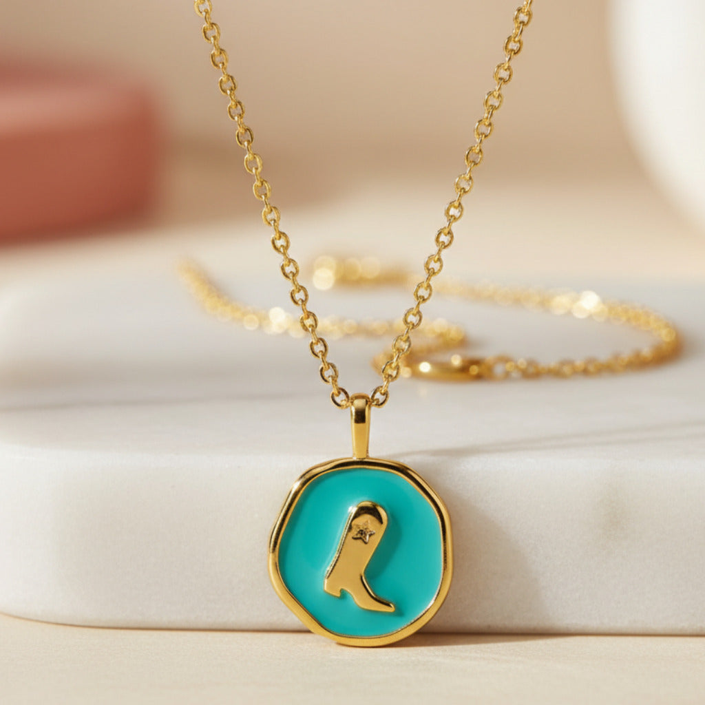 Aqua Cowgirl Boot Pendant Necklace