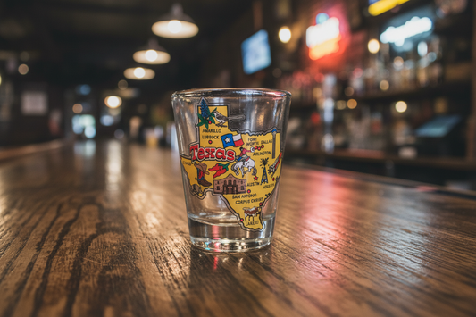 Decorative shot glass with Texas-themed graphics on a white background