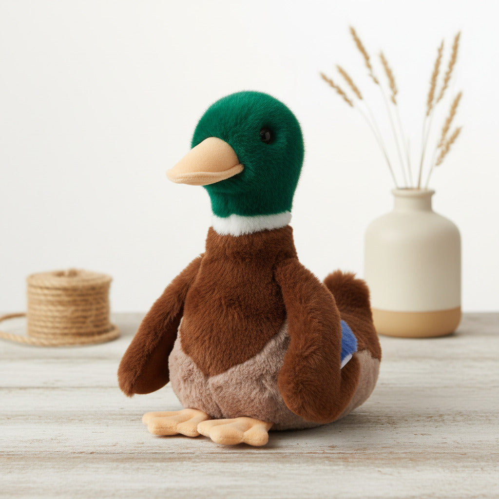 A plush toy duck with a green head, brown body, tan beak and feet, and a small blue patch on its wing, photographed on a plain white background.
