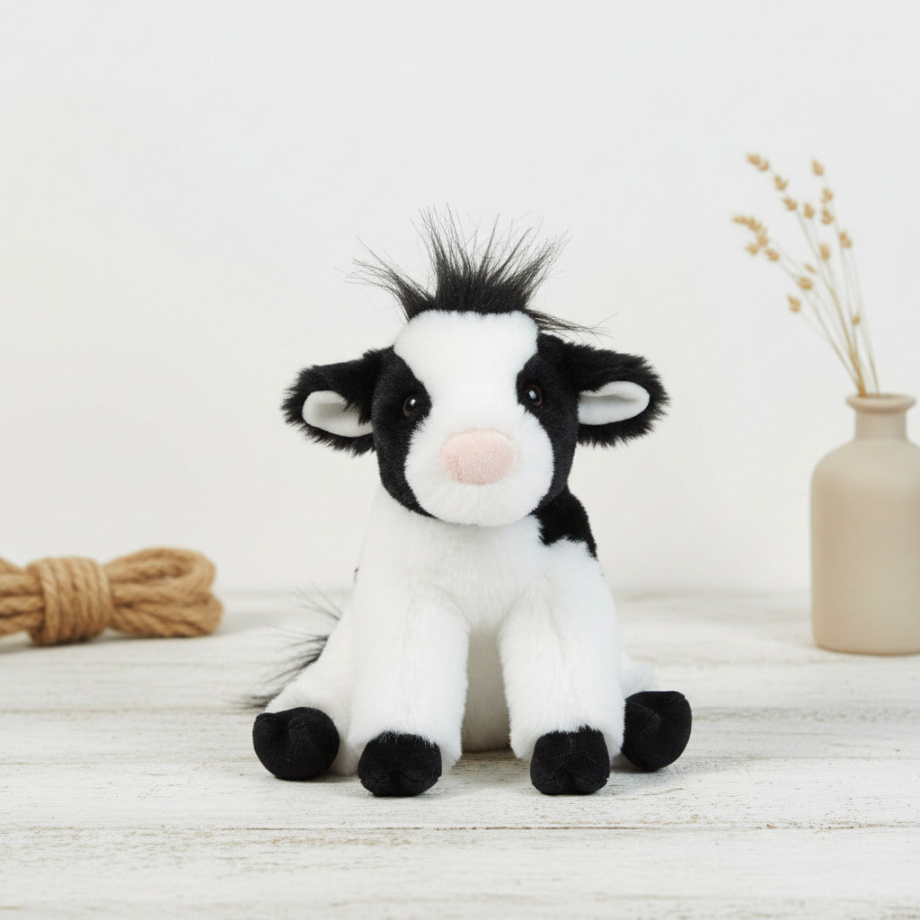A black and white plush cow toy with a pink nose, black eyes, and spiky black hair on its head, sitting against a plain white background.