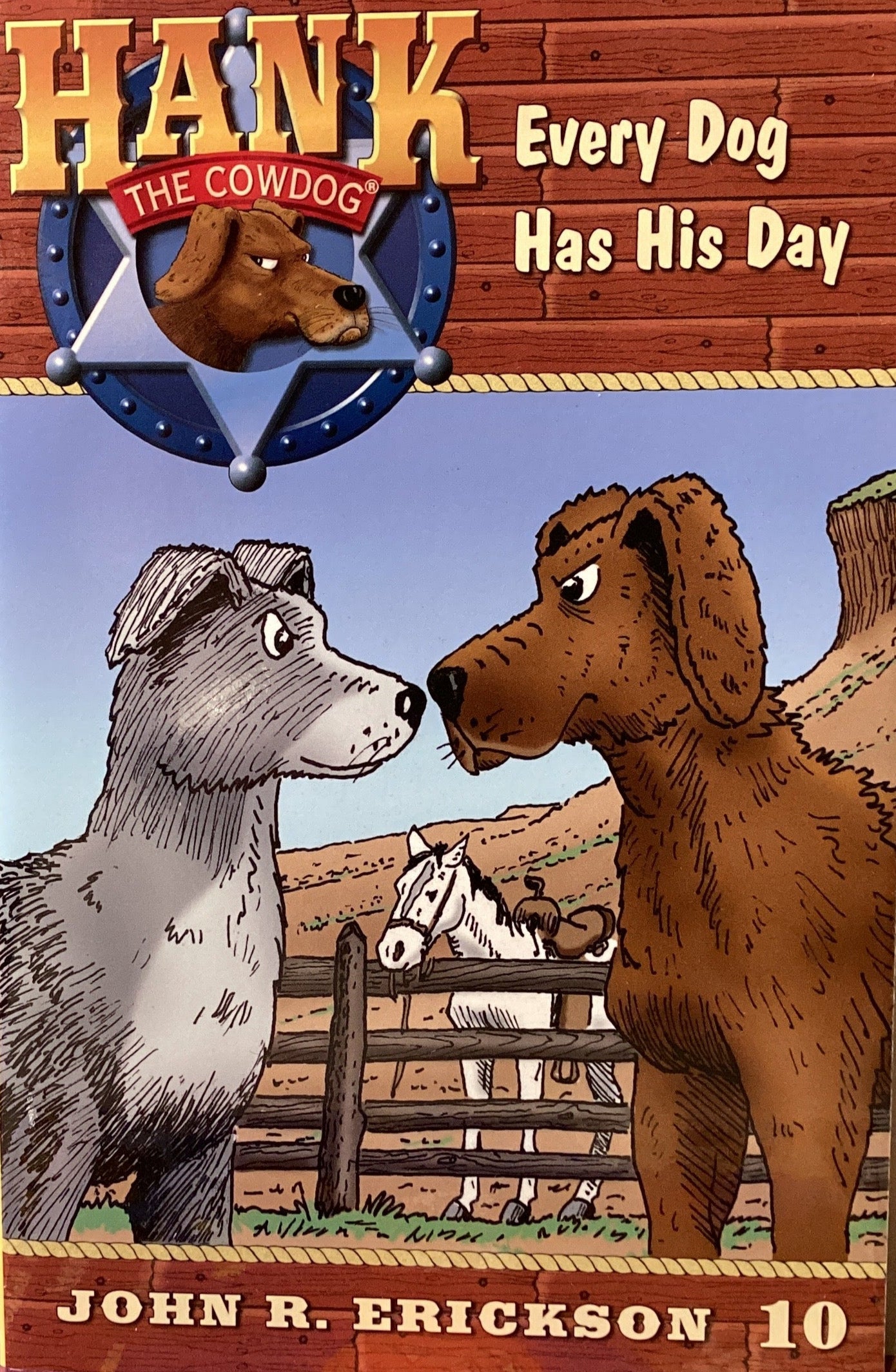 Book titled 'Hank the Cowdog: Every Dog Has His Day' by John R. Erickson on a textured wall background