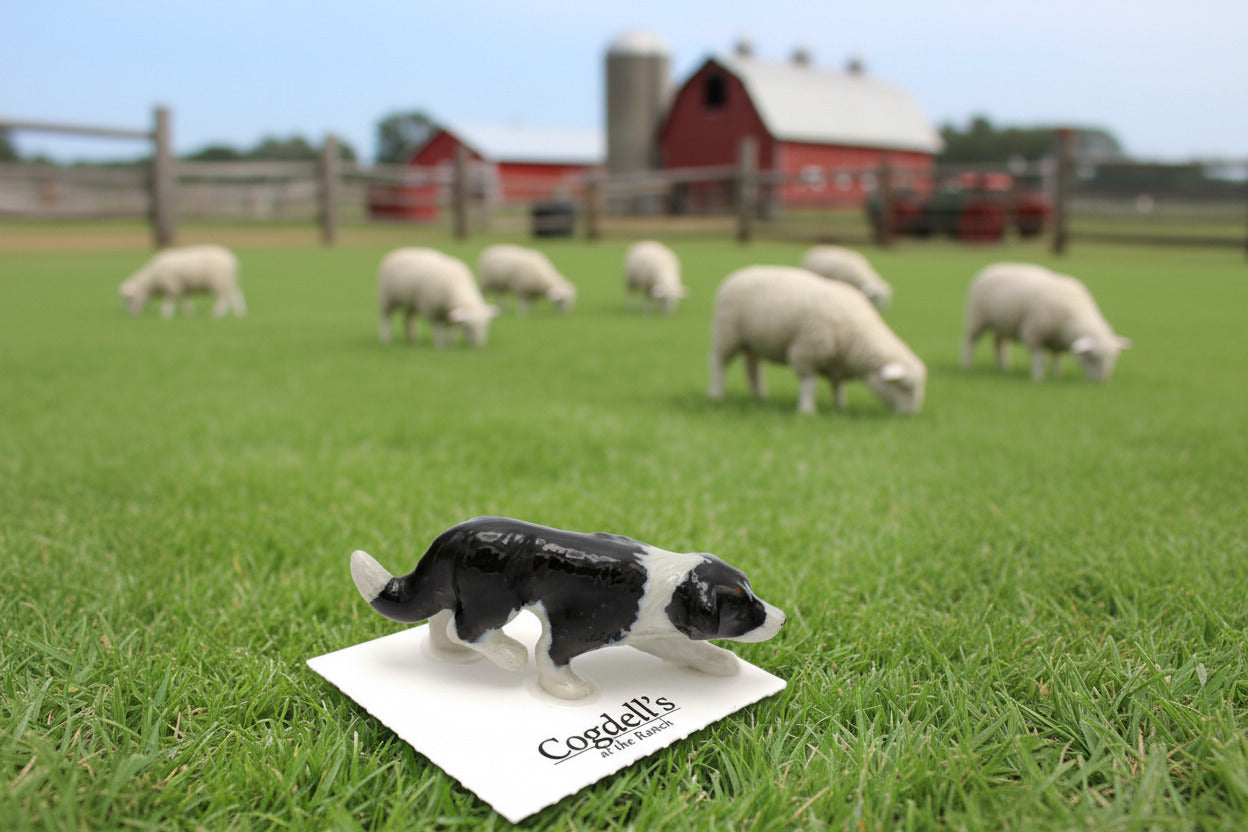 Black and white dog figurine on a white card with 'Jade Chicken' branding.