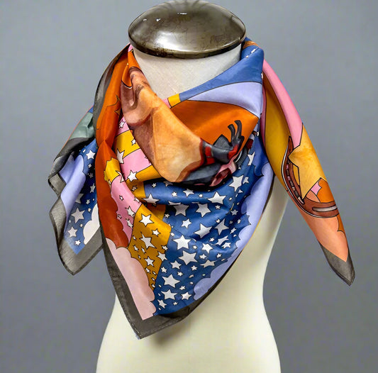 Colorful scarf with star pattern on a mannequin head against a neutral background