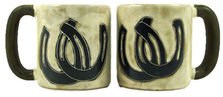 Two ceramic mugs with black horseshoe designs on a beige background