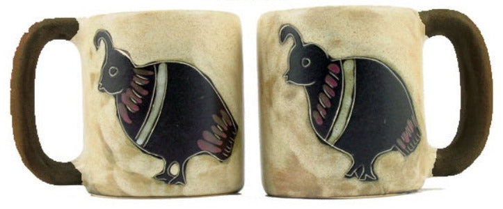 Two ceramic mugs with a black and brown design on a beige background