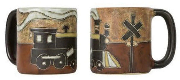 Two ceramic mugs with train design on a white background