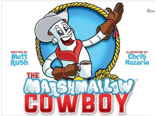 Title card for 'The Marshmallow Cowboy' with a cartoon cowboy character holding a cup.