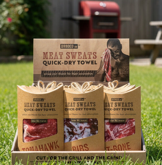 Packaging of Brodeo Meat Sweats quick-dry towels with images of meat and a person using the towel.