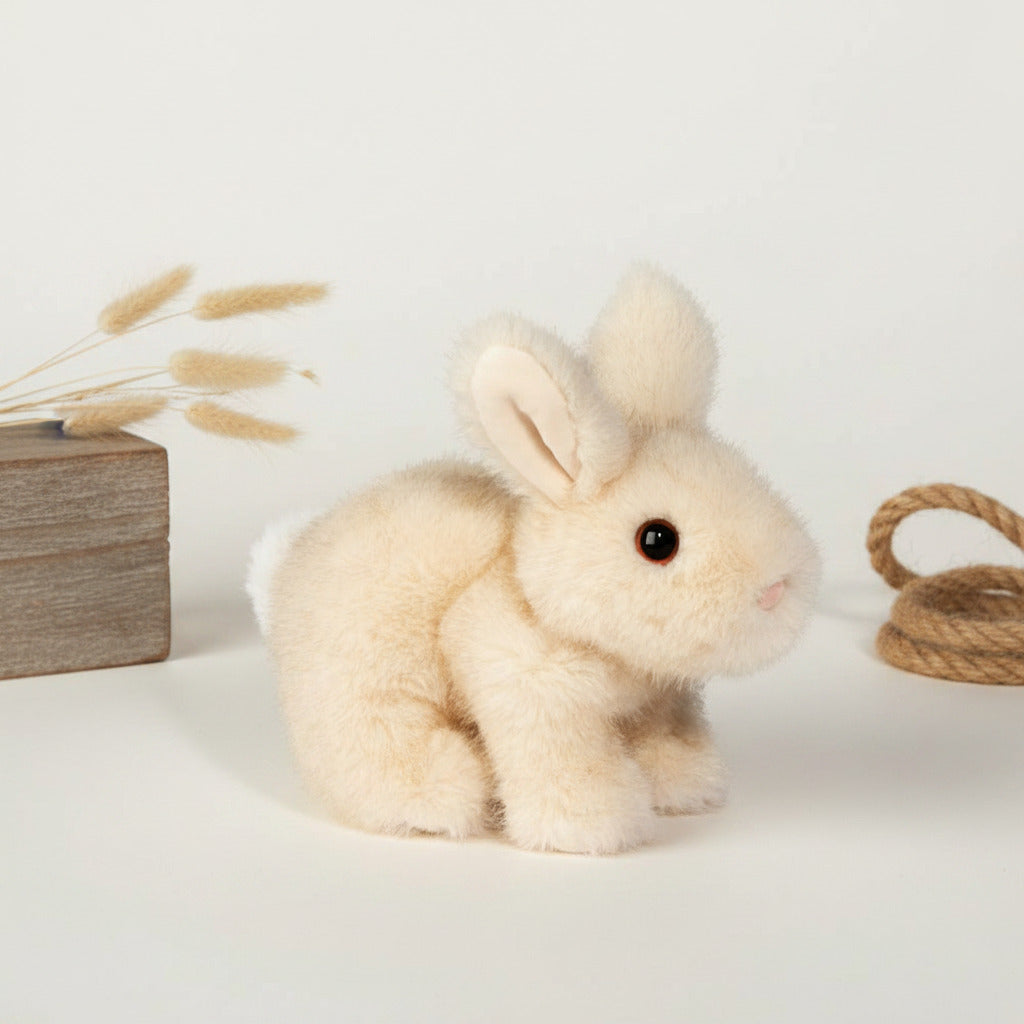 A small plush rabbit toy in cream-colored faux fur with a black bead eye and pink nose, shown against a plain white background.
