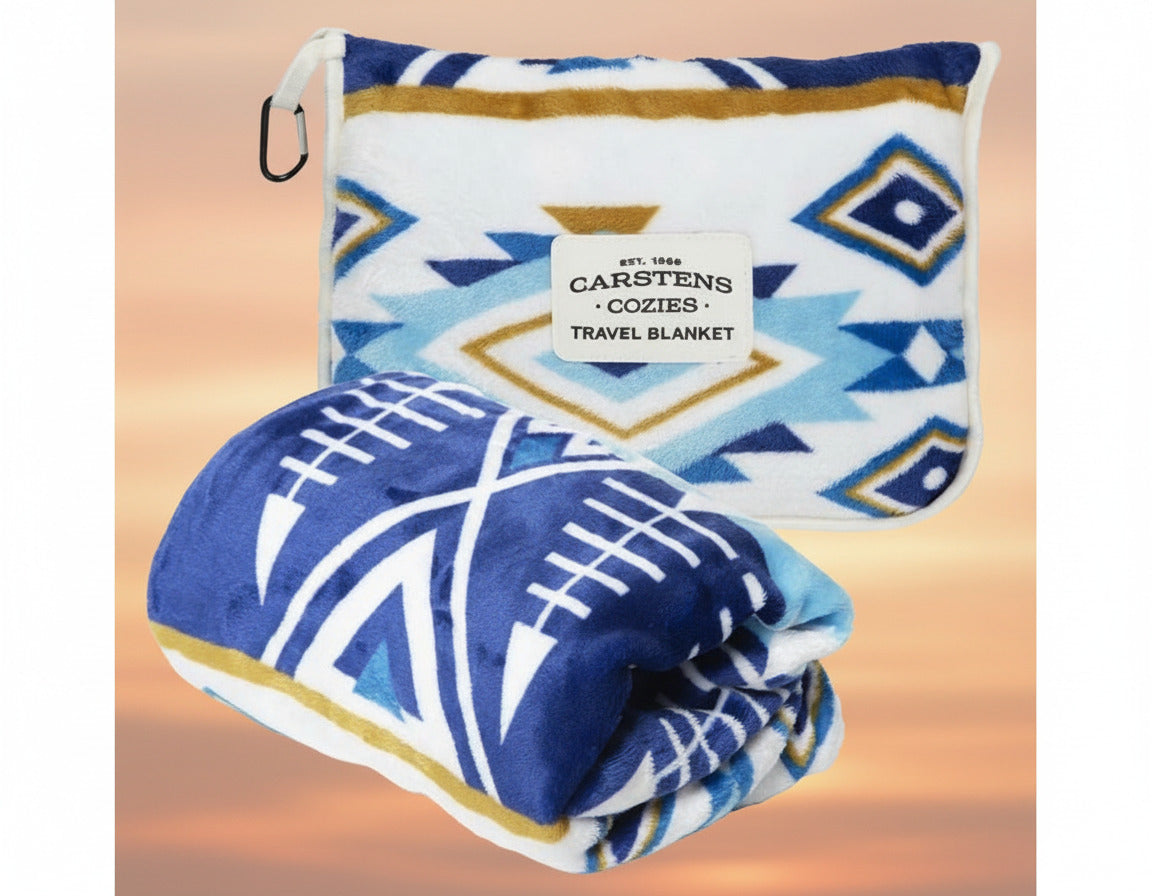 Travel blanket with blue and white pattern and Carstens Cozies branding on a white background