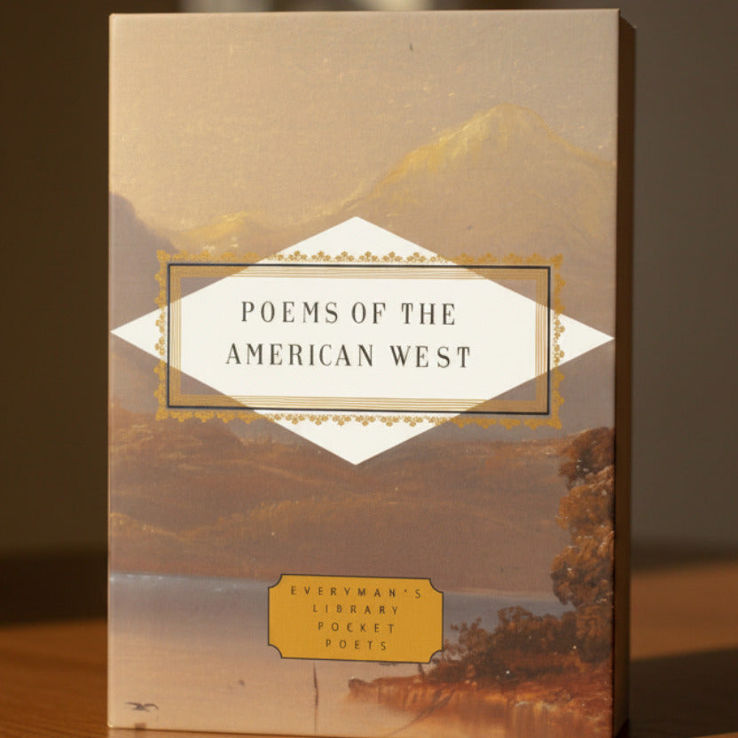Book cover for 'Poems of the American West' from Everyman's Library Pocket Poets, featuring a sepia-toned landscape painting with a central white diamond-shaped title panel and a gold label near the bottom.