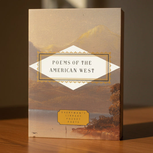 Book cover for 'Poems of the American West' from Everyman's Library Pocket Poets, featuring a sepia-toned landscape painting with a central white diamond-shaped title panel and a gold label near the bottom.