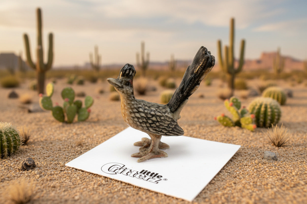 Small figurine of a roadrunner with 'Little Critterz' branding on a white background