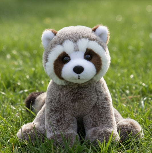 Plush toy raccoon on a white background