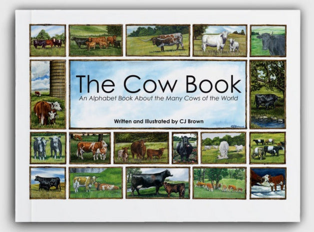 Book titled 'The Cow Book' with images of cows on a white background
