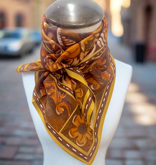 Decorative scarf with brown and yellow pattern on a mannequin bust against a white background