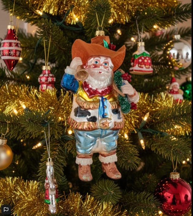 Glass Cowboy Santa Ornament