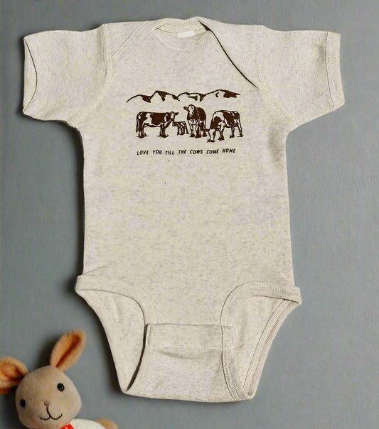 Gray baby onesie with a graphic design on a white background